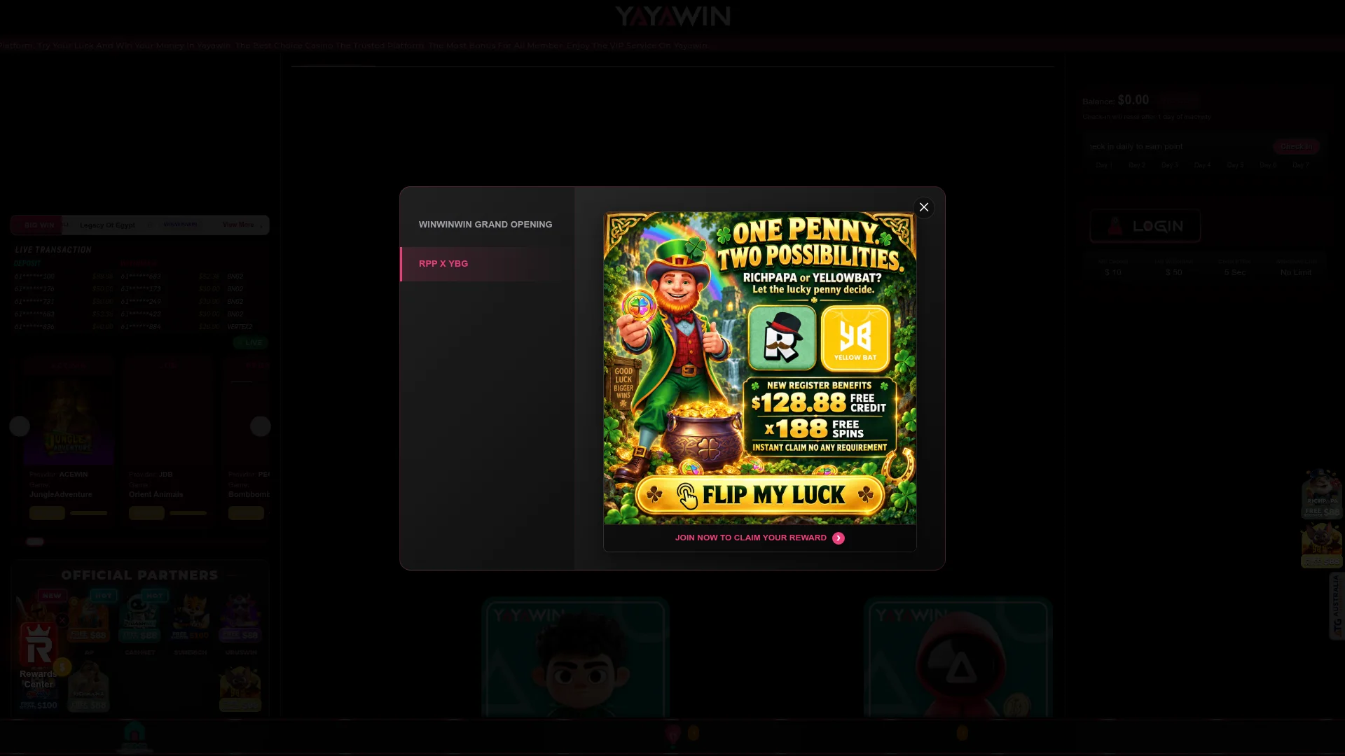 Yayawin Casino desktop platform view