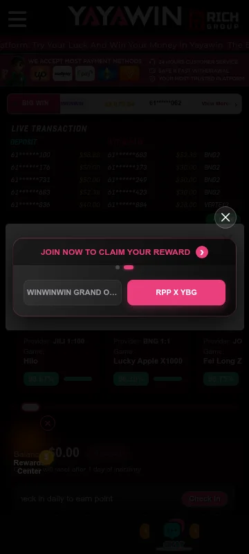 Yayawin Casino mobile platform view